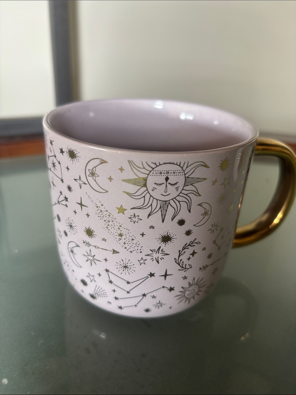 Pink Ceramic Mug with Gold Handle and Celestial Design